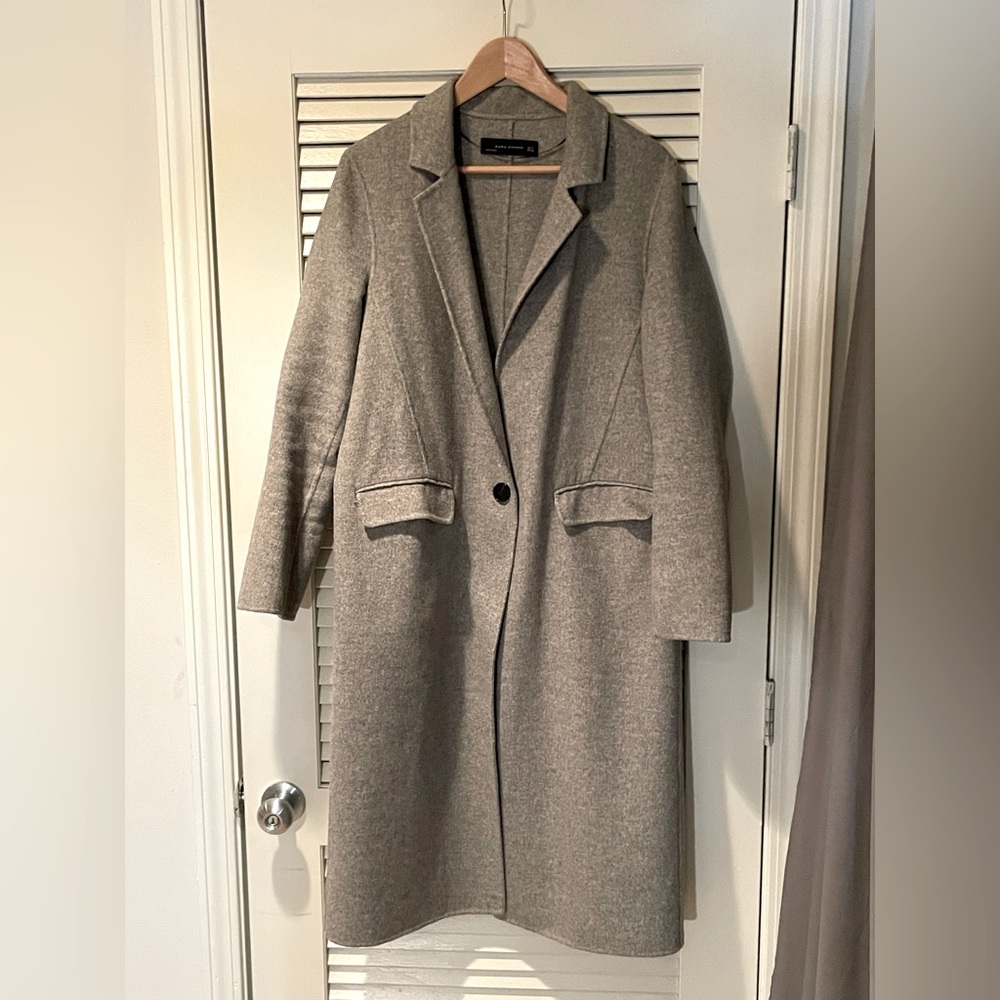 Zara Light Gray Single-Button Wool Blend Long Coat